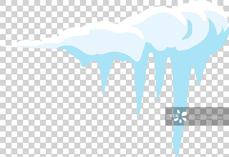 覆盖着雪的冰柱正在融化，滴落水珠。图片素材