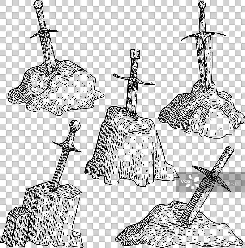 手绘剑与石头的素描套件图片素材