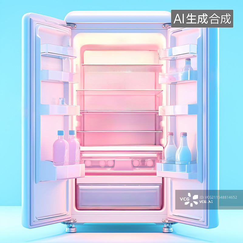 【AI数字艺术】双开门冰箱、开着、制冷、卡通、C4D、图标、可爱图片素材