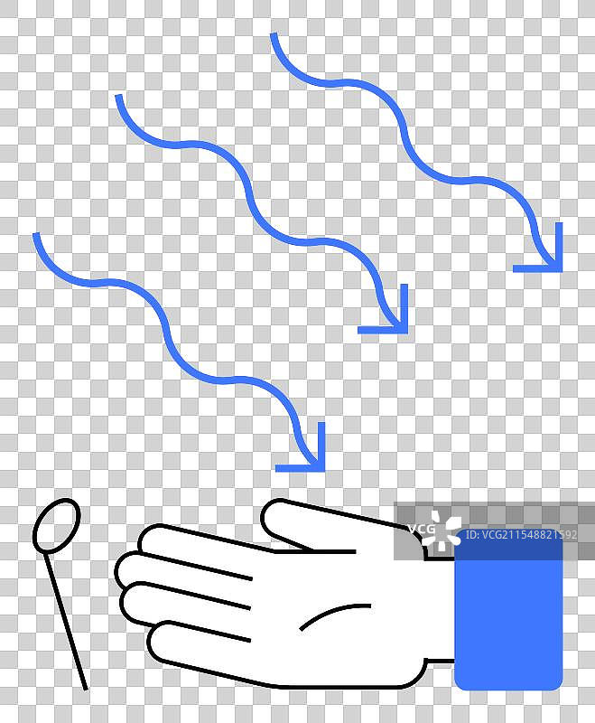 手放在空气干燥机下，气流由箭头指示图片素材