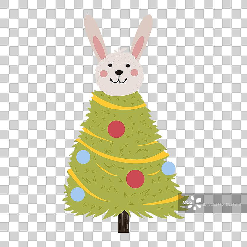 平面设计的圣诞树，上面有一只兔子装饰图片素材