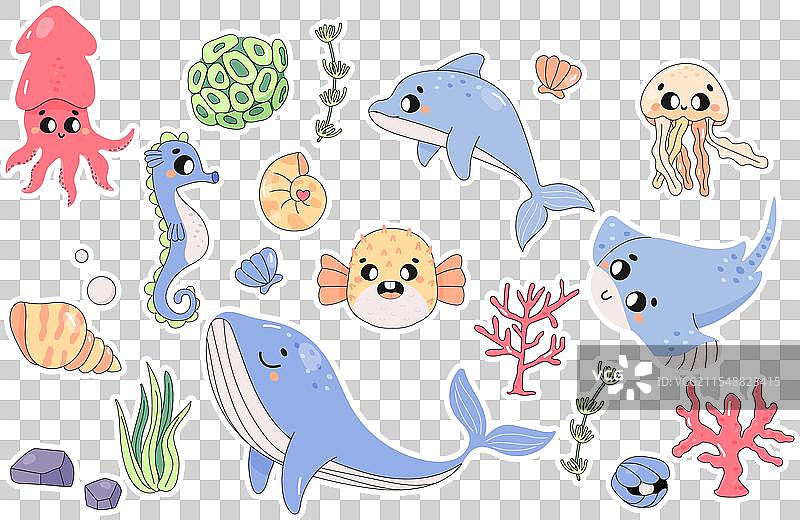 可爱的海洋动物贴纸套装，背景为白色图片素材