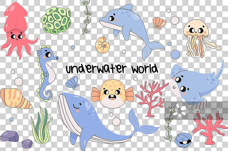 可爱的海洋动物组合在白色背景上，河豚图片素材