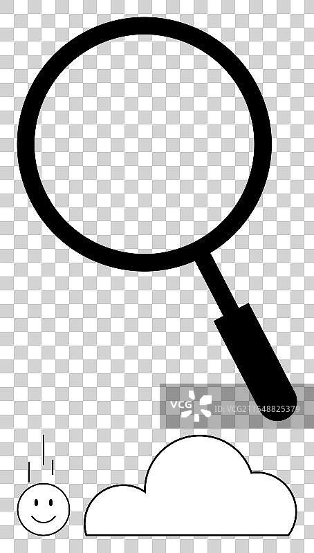 放大镜在云朵上方，云朵上有一个微笑的脸。图片素材