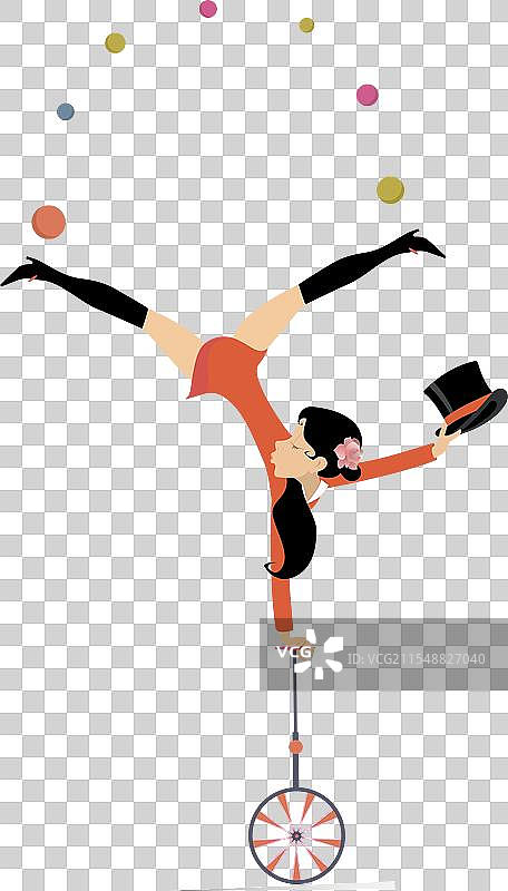 骑独轮车的女杂技演员在抛接球。图片素材