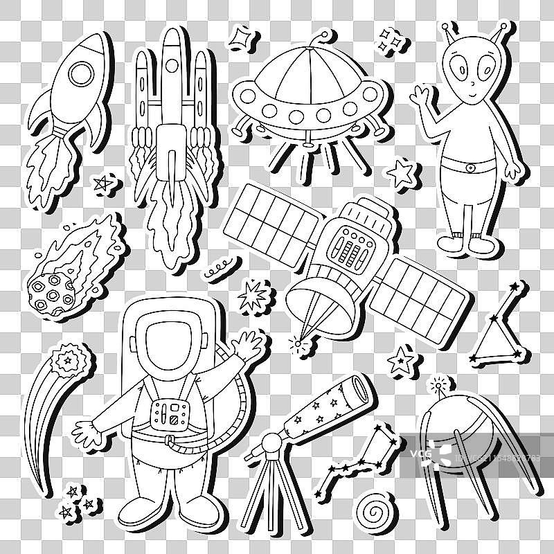 可爱的太空和天文学涂鸦贴纸套装图片素材