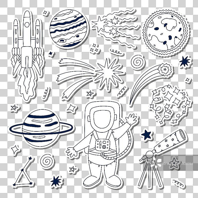 可爱的太空主题线条涂鸦贴纸套装图片素材