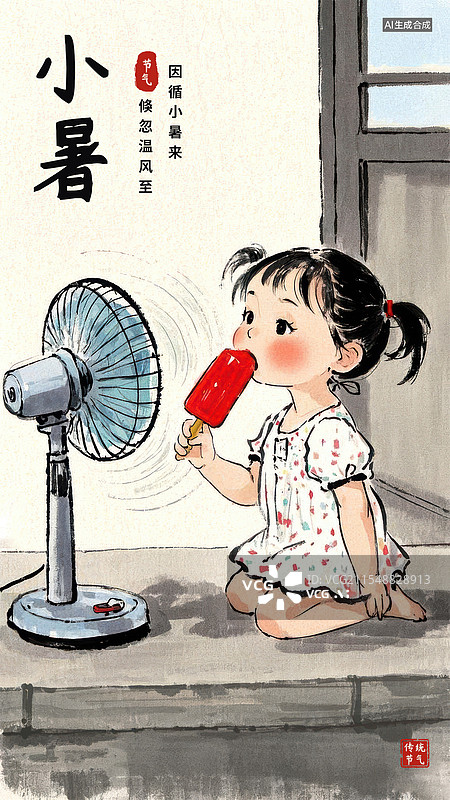 【AI数字艺术】小暑二十四节气吹着凉风吃冰棒的女孩图片素材
