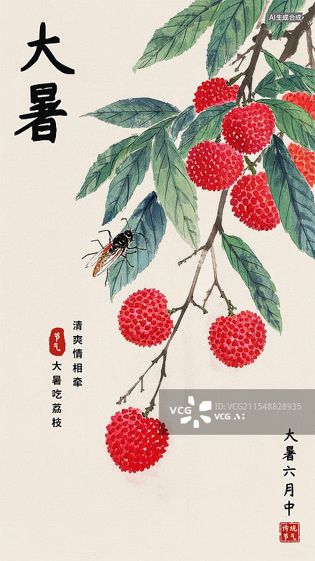 【AI数字艺术】大暑二十四节气树枝上挂满了红彤彤的荔枝图片素材