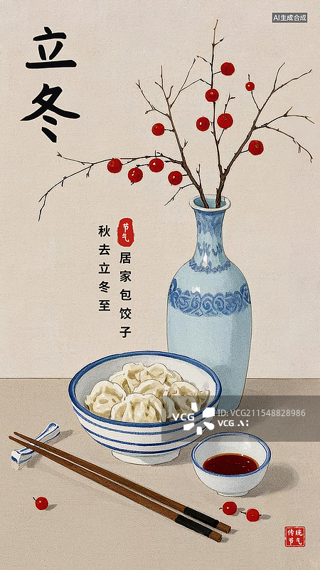 【AI数字艺术】立冬二十四节气一碗饺子筷子花瓶图片素材