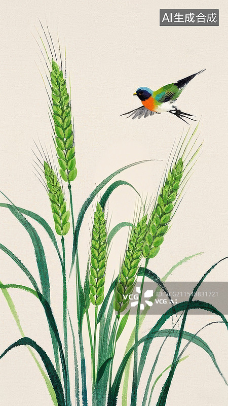【AI数字艺术】小满二十四节气绿色的小麦飞翔的鸟图片素材