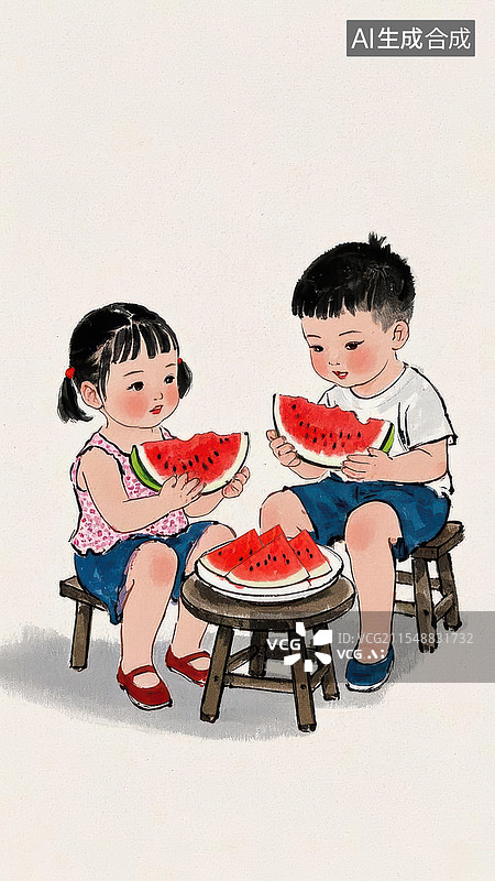 【AI数字艺术】夏至二十四节气两个坐着吃西瓜的小孩图片素材