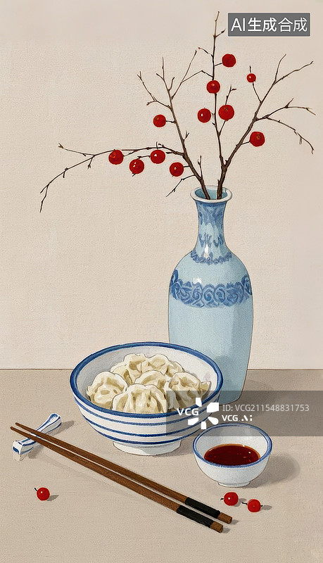 【AI数字艺术】立冬二十四节气一碗饺子筷子花瓶图片素材