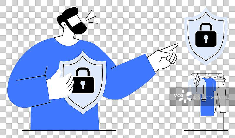 手持带锁符号盾牌的蓝衣男子图片素材