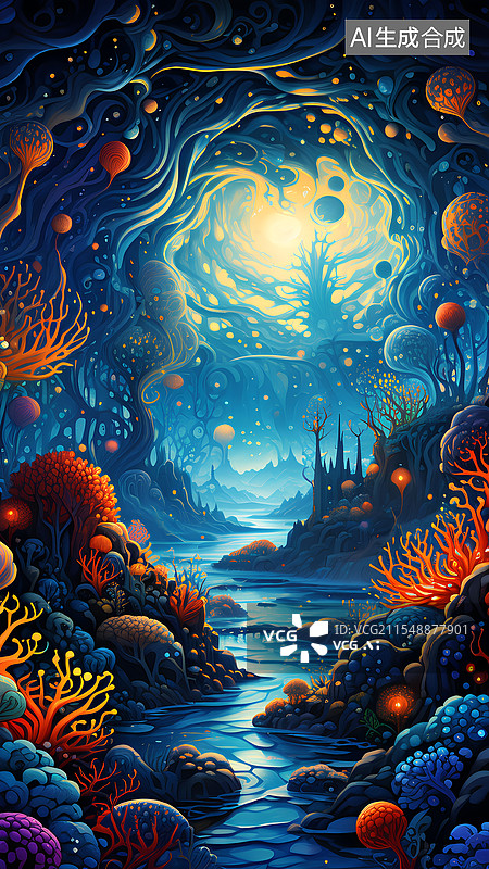 【AI数字艺术】创意插画 森林风光夜景图片素材