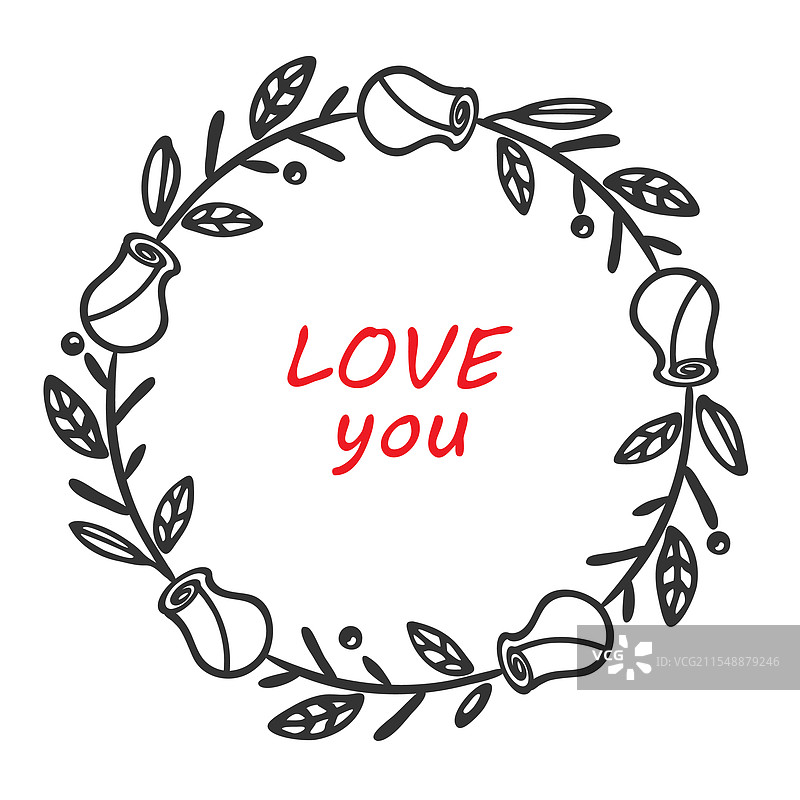 可爱的花卉花环玫瑰框架轮廓圆形图片素材