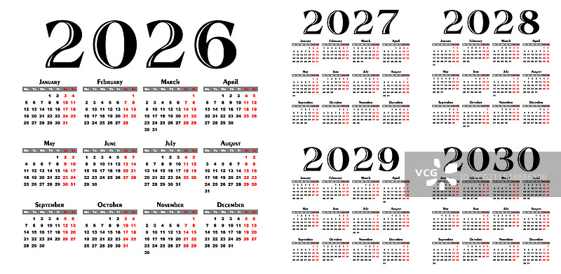 2026年至2030年的日历模板图片素材