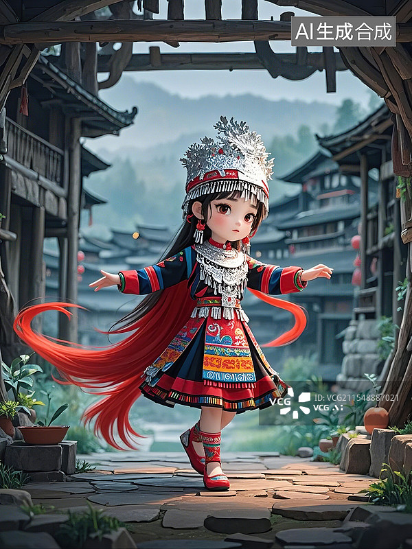 【AI数字艺术】穿着苗族传统服装的女孩图片素材