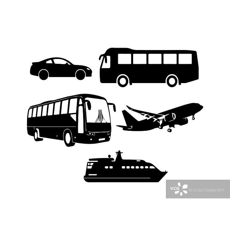 各种交通工具的简单黑色剪影图标图片素材