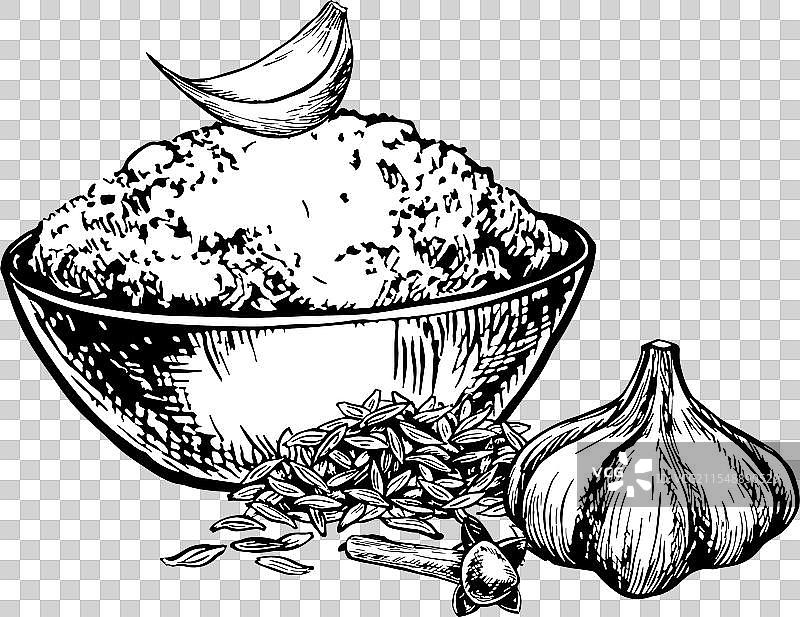 碗中盛有干燥的蒜粉、孜然和丁香图片素材