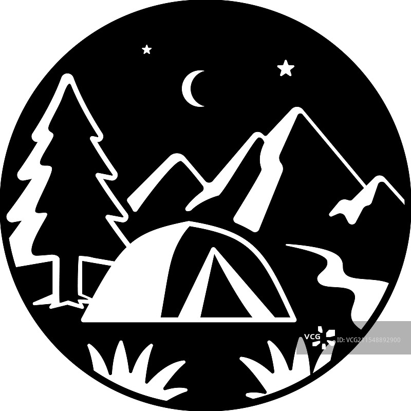 夜间露营的画作，圆形框架装裱图片素材