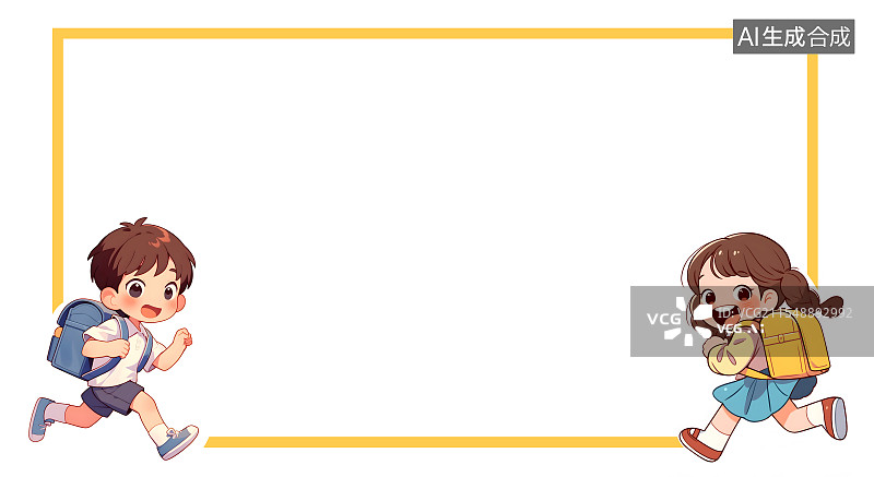 【AI数字艺术】两个孩子奔跑边框两侧装饰插画背景图片素材