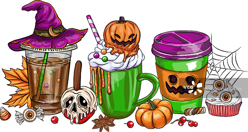 万圣节咖啡扁平糖果元素集合图片素材