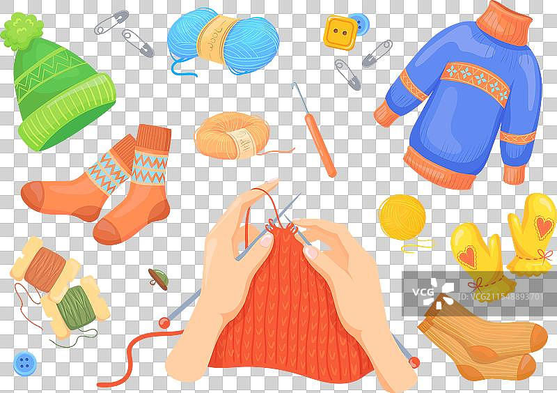 卡通手在编织衣物，手中拿着纱线图片素材