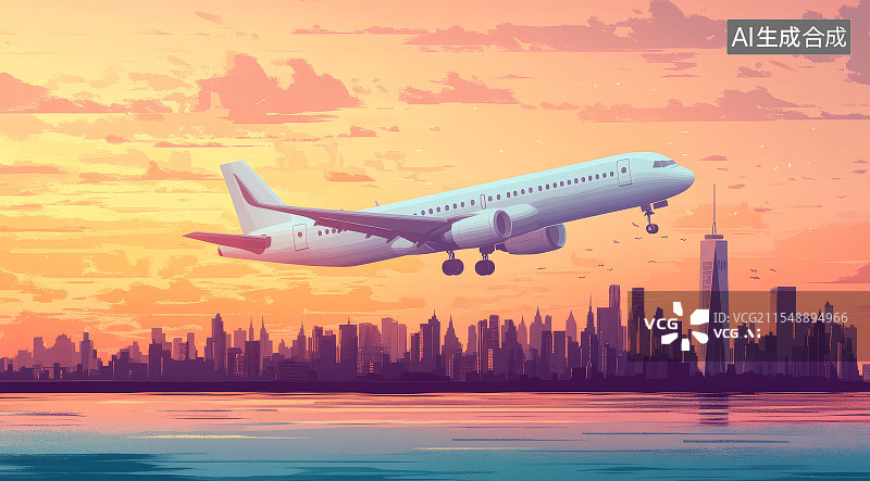 【AI数字艺术】城市上空飞行的飞机，商务出行旅游度假概念插图图片素材