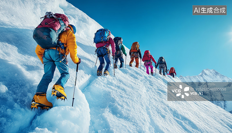 【AI数字艺术】一群登山者背着行囊攀登雪山的壮观场景图片素材