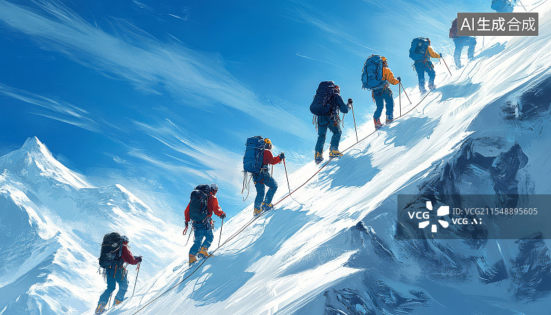 【AI数字艺术】一群登山者背着行囊攀登雪山的壮观场景图片素材