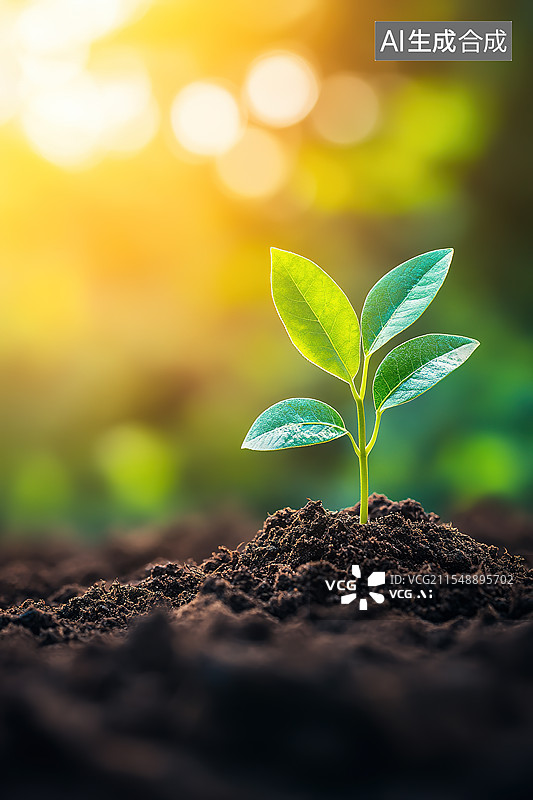 【AI数字艺术】阳光下土壤中生长出的新苗和希望主题概念图片素材