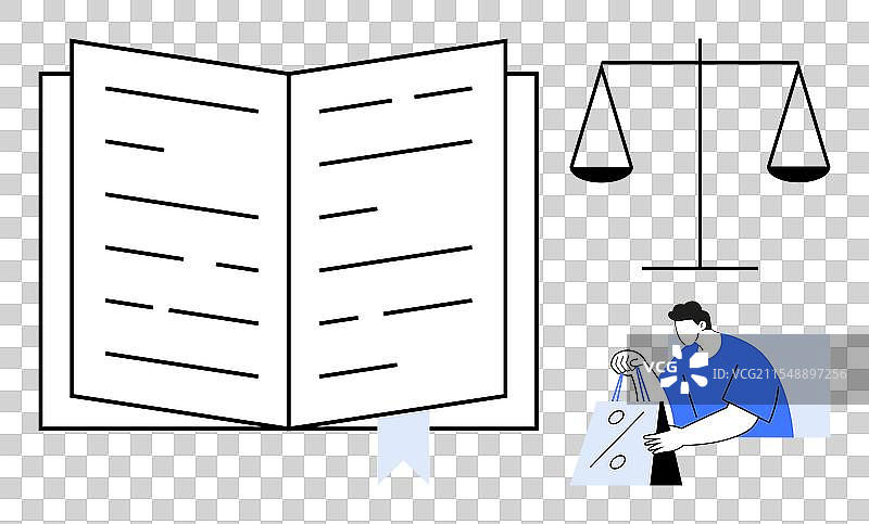 打开的书籍、正义天平和一个人正在握住图片素材