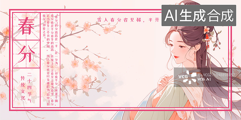 【AI数字艺术】春分 春季24节气模板海报，粉色系暖色调新国风插画 穿汉服的女孩长发飘逸 自然植物发饰 春风花朵盛开图片素材