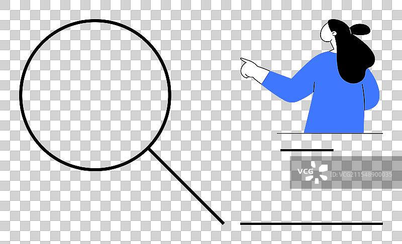 女人指着放大镜的表现图片素材