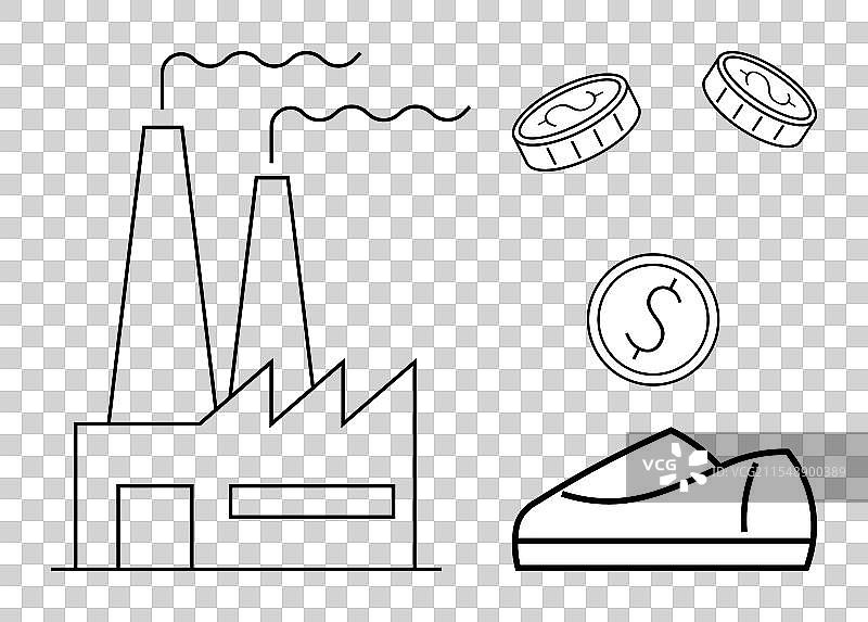 工厂建筑、鞋盒和象征硬币图片素材