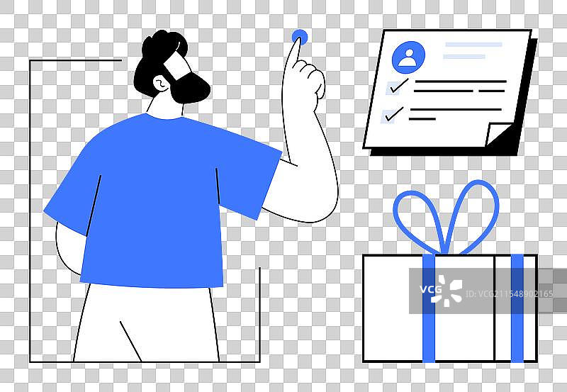 男人指着带有清单的文件图片素材