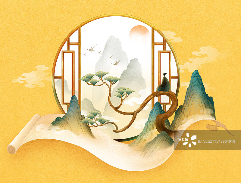 国风山水画卷插画图片素材