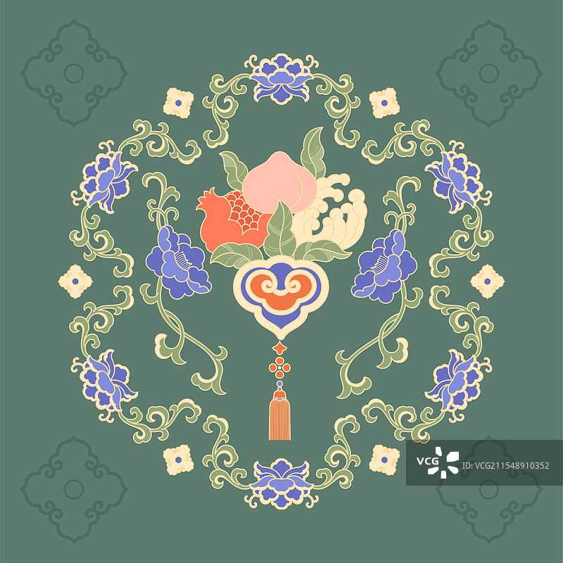 花卉挂饰桃石榴佛手瓜三多纹中国纹样国潮插画图片素材