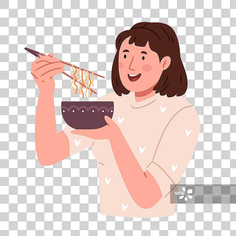 一个年轻女孩快乐地用筷子吃面条图片素材