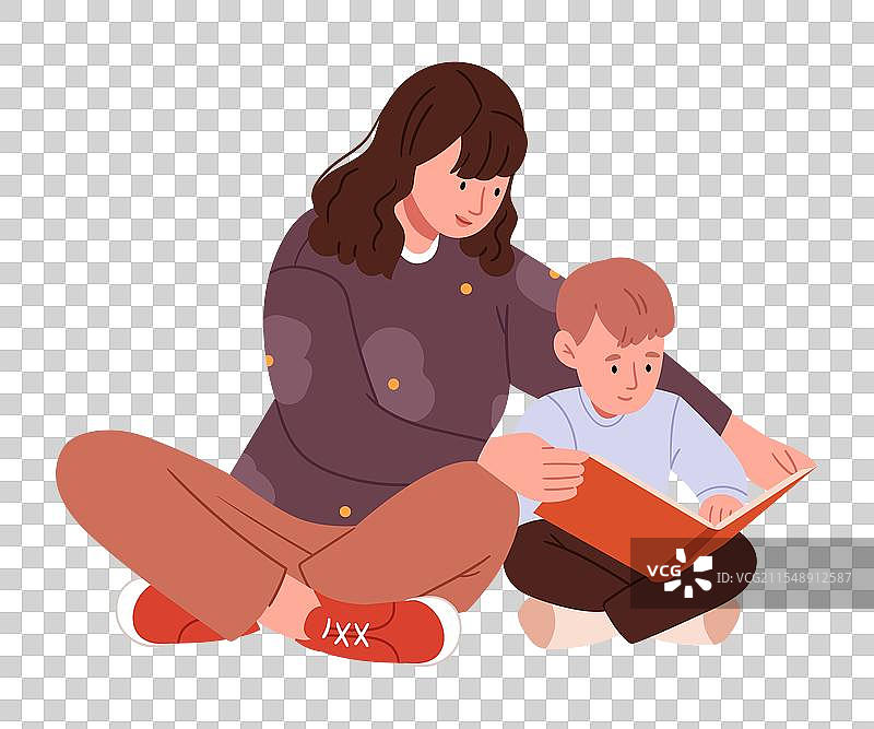 母亲和儿子在睡前一起读书图片素材
