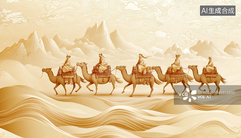 【AI数字艺术】沙漠中骑骆驼的商旅队伍插画，丝绸之路一带一路共同发展概念图片素材