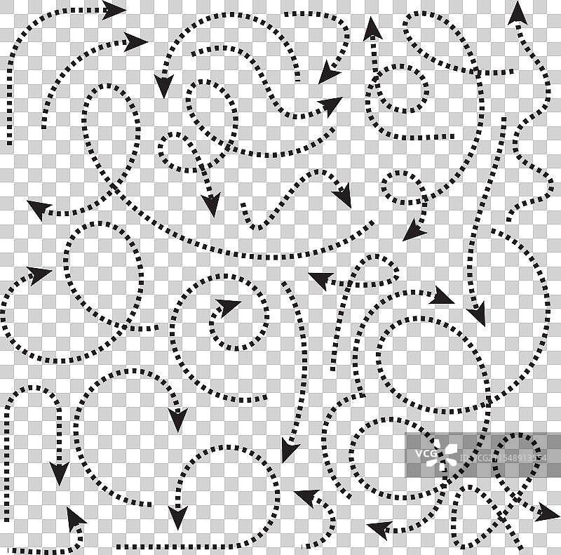 不同的黑色虚线箭头在白色背景上绘制图片素材