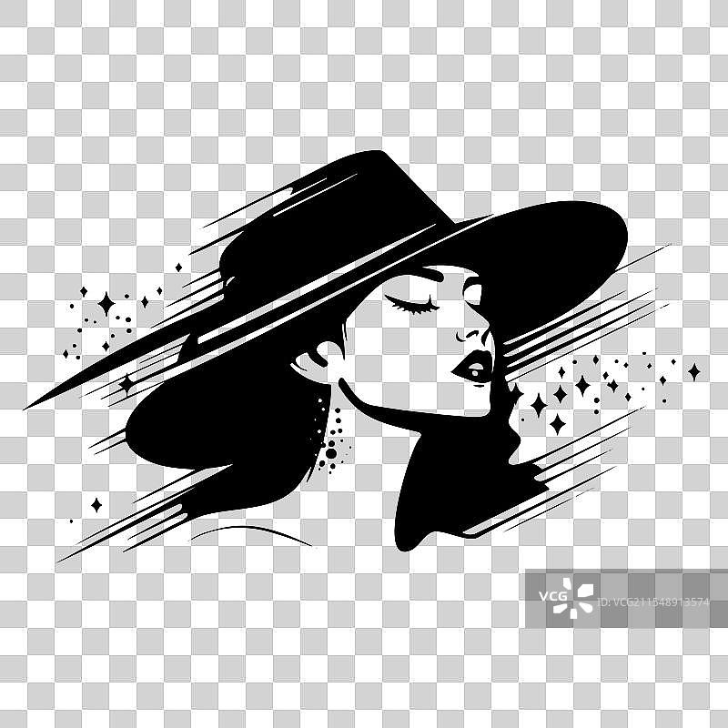 优雅的女性佩戴宽边帽，抽象黑色背景图片素材