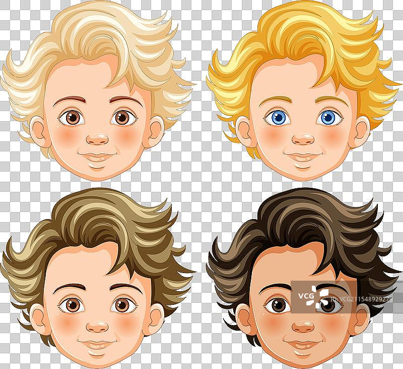 四个年轻男孩的卡通面孔图片素材