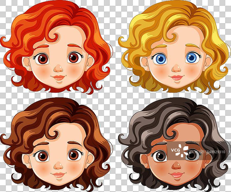 四个发型和肤色各异的卡通小孩图片素材