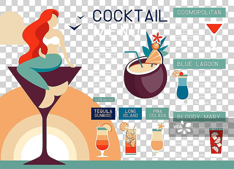 夏季餐厅鸡尾酒菜单与美人鱼主题图片素材