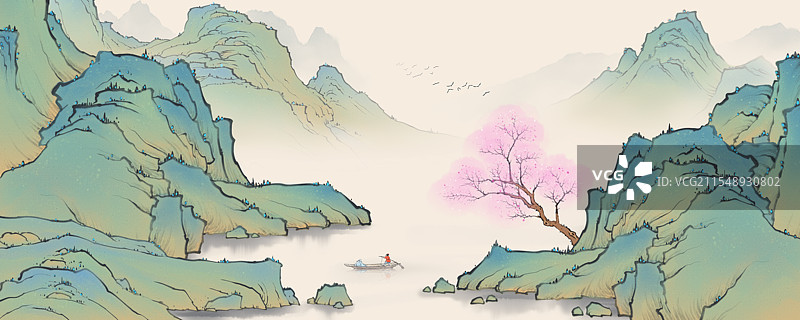 桃花春天水墨青绿山水风景山水画插画装饰画图片素材
