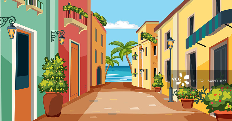 阳光明媚的海滨小镇街道图片素材