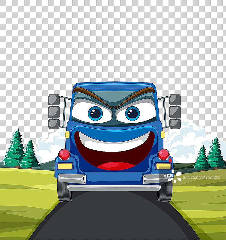 快乐的卡通卡车在阳光明媚的日子里行驶图片素材